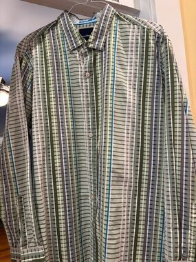 Tommy Bahama Green and Blue Vertical Stripe Dress Shirt